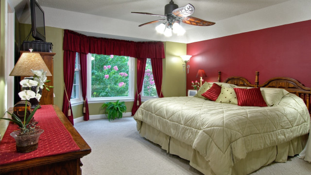 Bedroom red wall ceilingfan lily free wallpaper for desktop - medium preview image