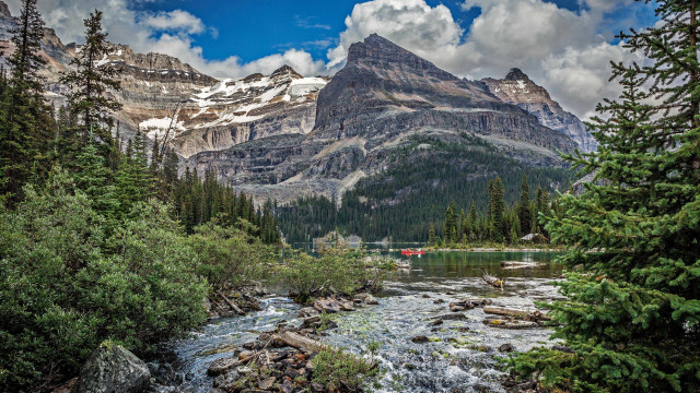 Mountain river forest boat sky free wallpaper for desktop - medium preview image
