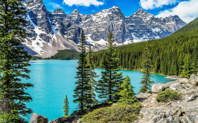 Mountain lake trees rocks blue #8 free wallpaper for desktop - medium preview image