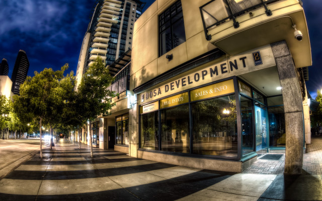 Street corner building trees night free wallpaper for desktop - medium preview image