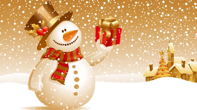 Snowman gift snowy village christmas free wallpaper for desktop - medium preview image