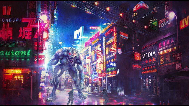 Futuristic city neon robot cyberpunk free wallpaper for desktop - medium preview image