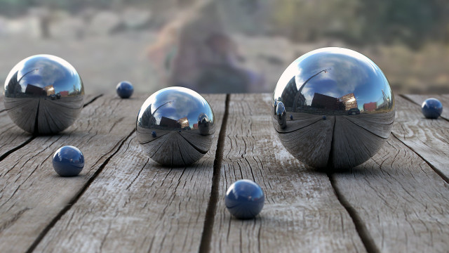 Shiny balls wooden table raytraced free wallpaper for desktop - medium preview image