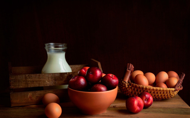 Bowl apples eggs milk basket free wallpaper for desktop - medium preview image