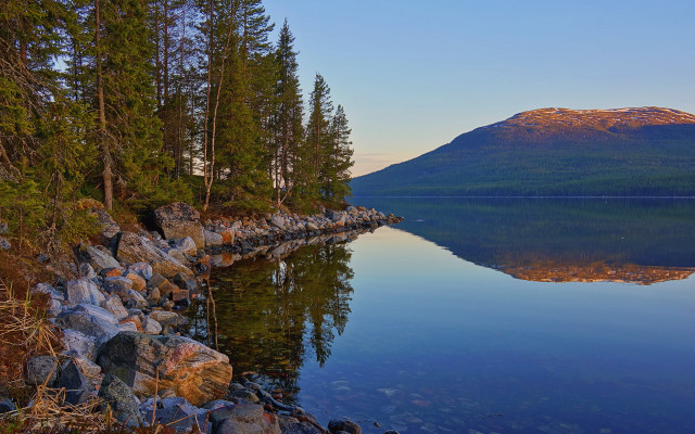 Lake mountain shore trees naturalism free wallpaper for desktop - medium preview image
