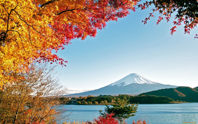 Mountain autumn lake snow ukiyo free wallpaper for desktop - medium preview image