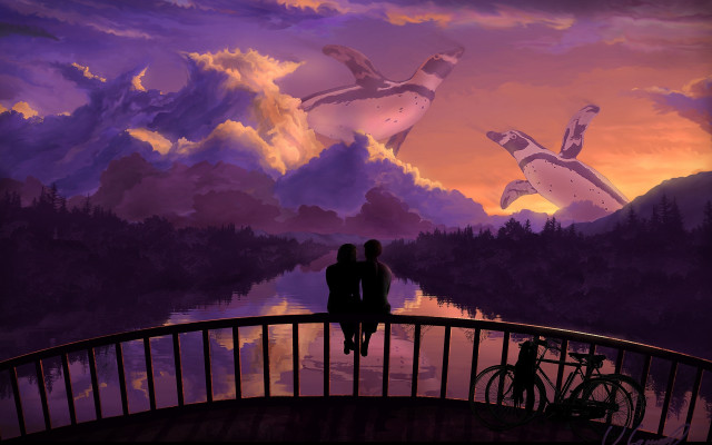 Couple bird painting sunset bicycle free wallpaper for desktop - medium preview image