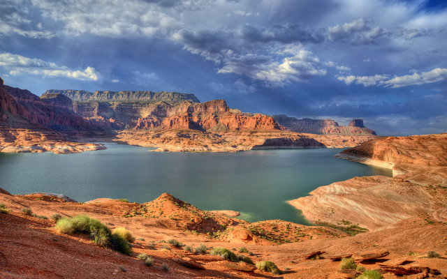 Lake mountains cloudy sky bushes free wallpaper for desktop - medium preview image