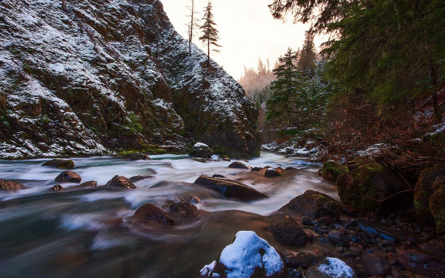 Snowy river forest rocks nature free wallpaper for desktop - medium preview image