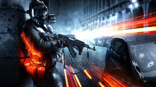 Man gasmask gun city street free wallpaper for desktop - medium preview image