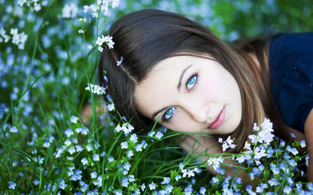 Woman flower field blue eyes free wallpaper for desktop - medium preview image