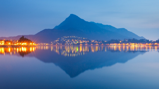 Mountain lake city bridge reflections free wallpaper for desktop - medium preview image