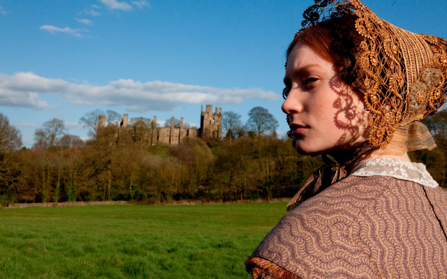 Woman brownhat brownsweater greenfield castle free wallpaper for desktop - medium preview image