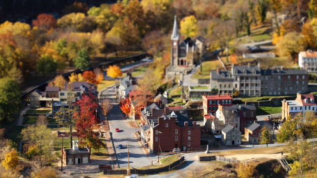 Small town train church autumn free wallpaper for desktop - medium preview image