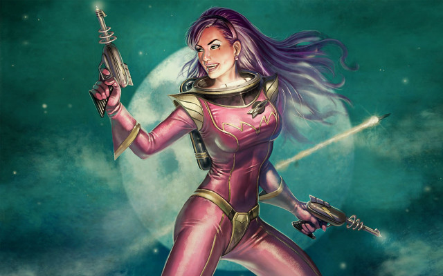 Woman pink suit moon space free wallpaper for desktop - medium preview image