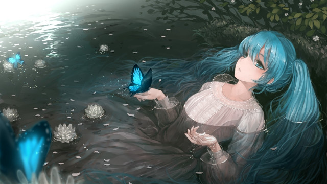 Blue haired woman butterfly water free wallpaper for desktop - medium preview image