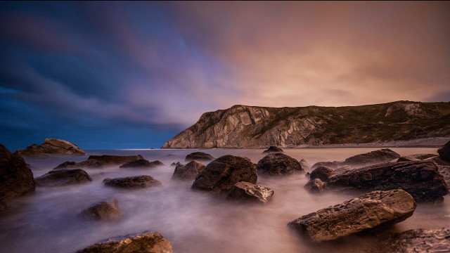 Rocky beach mountain dusk long free wallpaper for desktop - medium preview image