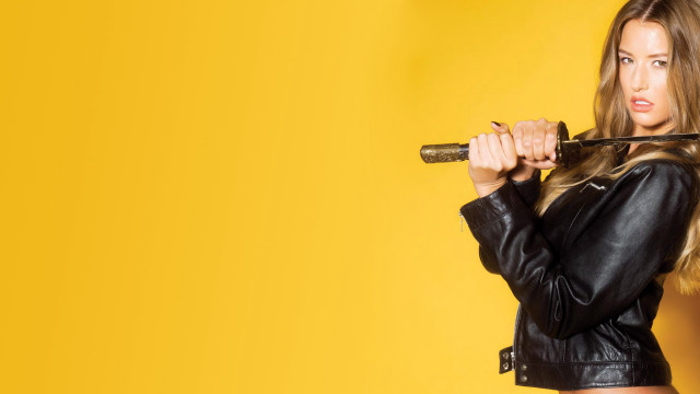 Woman leather jacket sword surprised free wallpaper for desktop - medium preview image