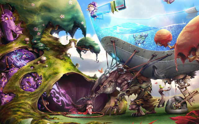 Fantasy group people field boat free wallpaper for desktop - medium preview image