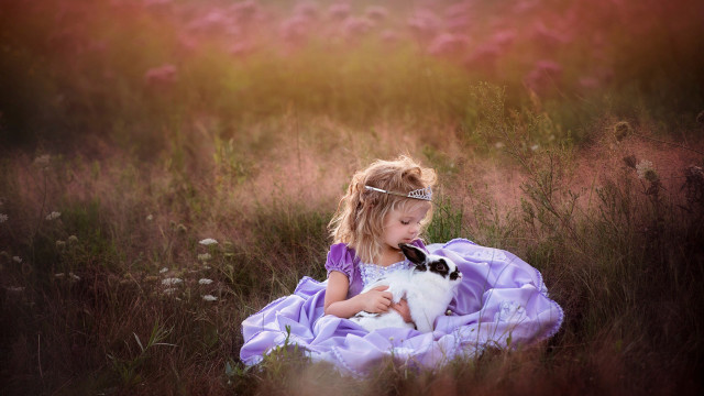 Little girl purple dress dog free wallpaper for desktop - medium preview image
