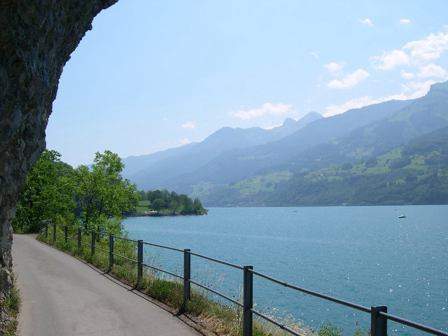 Lake mountains road fence bench free wallpaper for desktop - medium preview image