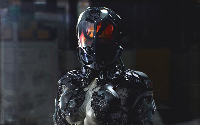 Futuristic man armor cyberpunk dark free wallpaper for desktop - medium preview image