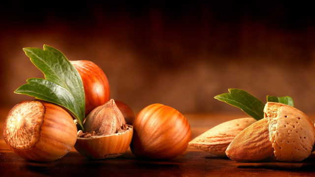 Nuts leaves table brown background free wallpaper for desktop - medium preview image