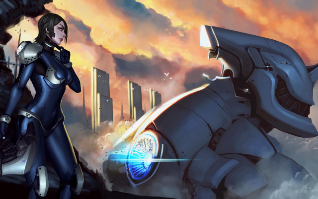 Futuristic woman robot city sunset free wallpaper for desktop - medium preview image