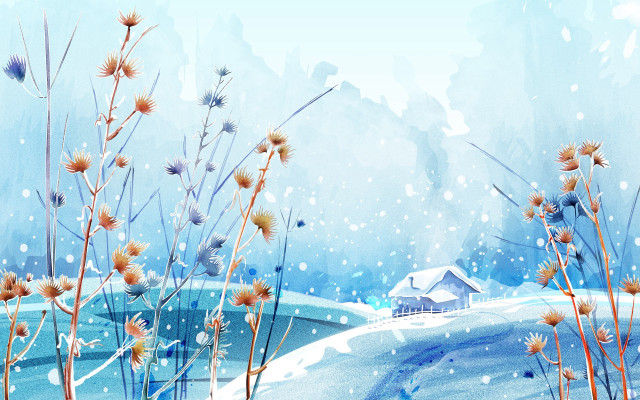 Snowy landscape house flowers winter free wallpaper for desktop - medium preview image