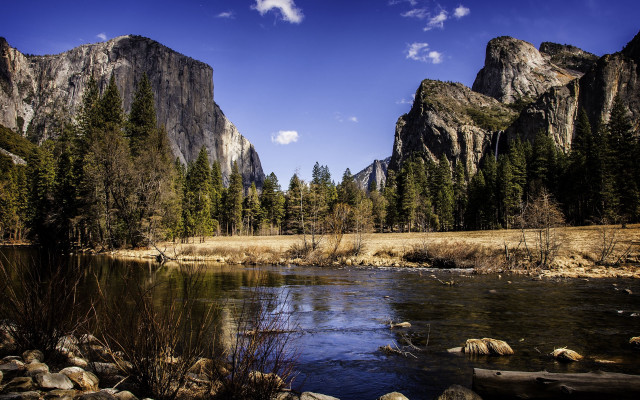 River forest mountains sunny day free wallpaper for desktop - medium preview image