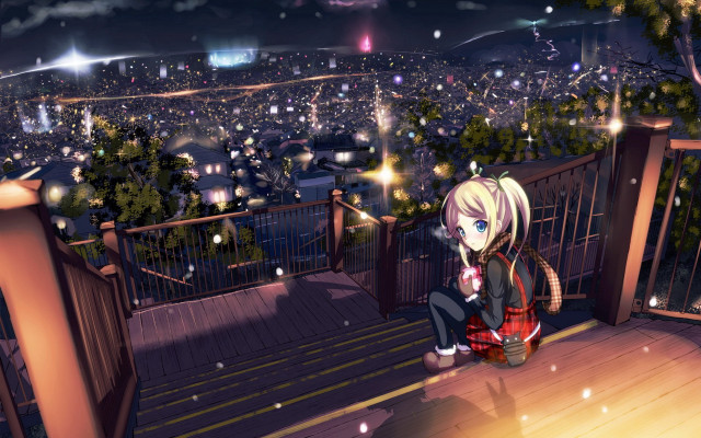 Anime girl balcony city night free wallpaper for desktop - medium preview image
