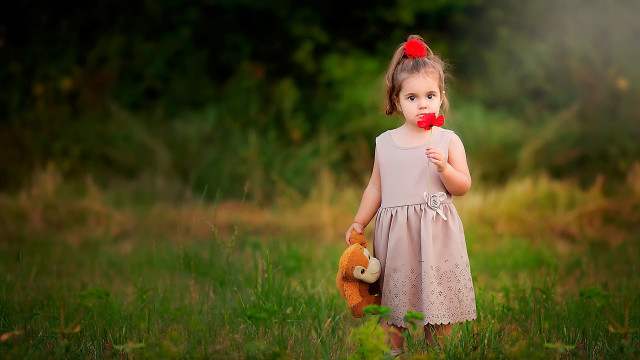 Little girl holding teddy red free wallpaper for desktop - medium preview image