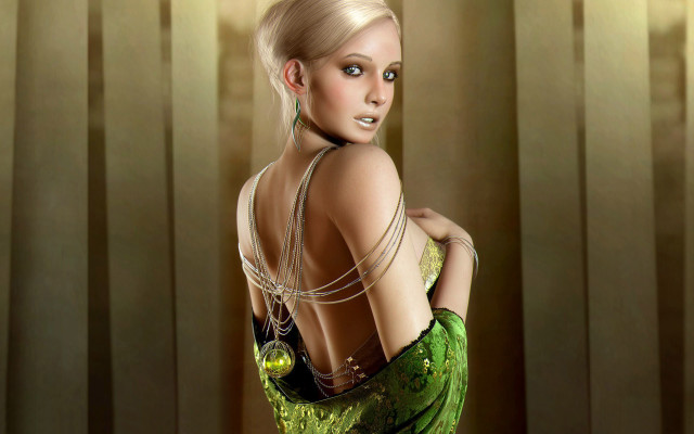 Woman green dress necklace blonde free wallpaper for desktop - medium preview image