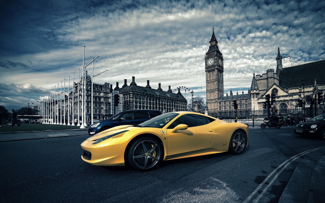 Yellow sports car clock tower #2 free wallpaper for desktop - medium preview image