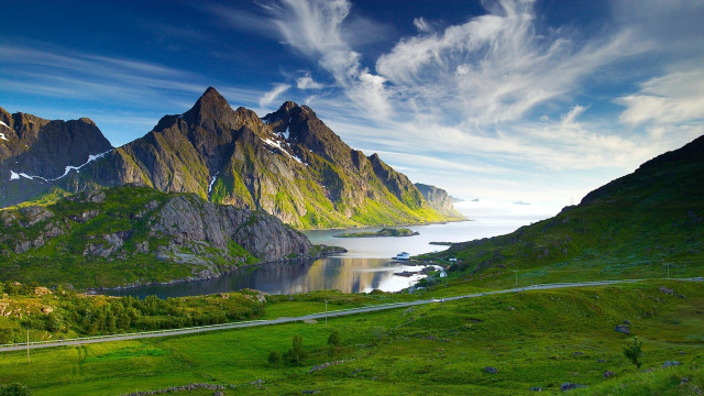 Mountain lake road bush clouds free wallpaper for desktop - medium preview image