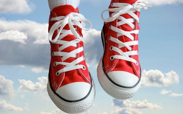Red converse shoes jumping blue free wallpaper for desktop - medium preview image