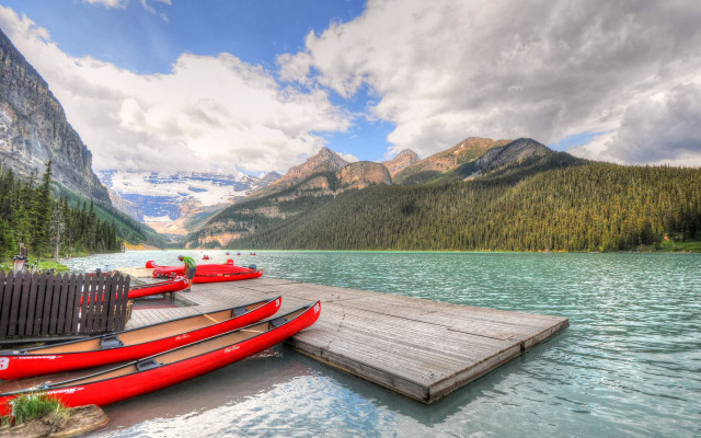 Dock red canoes lake mountains free wallpaper for desktop - medium preview image