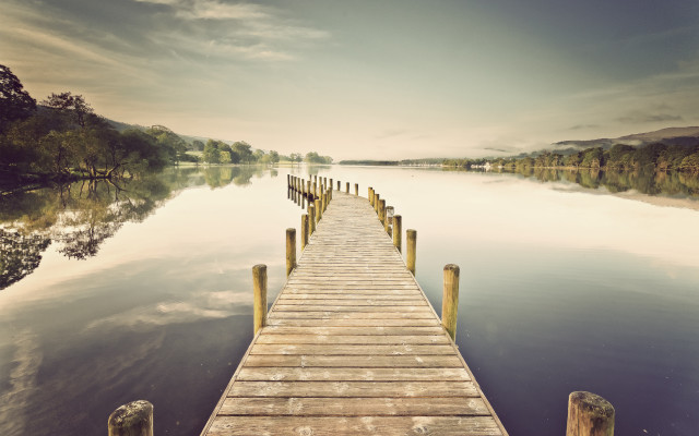 Wooden dock lake forest hillside #2 free wallpaper for desktop - medium preview image