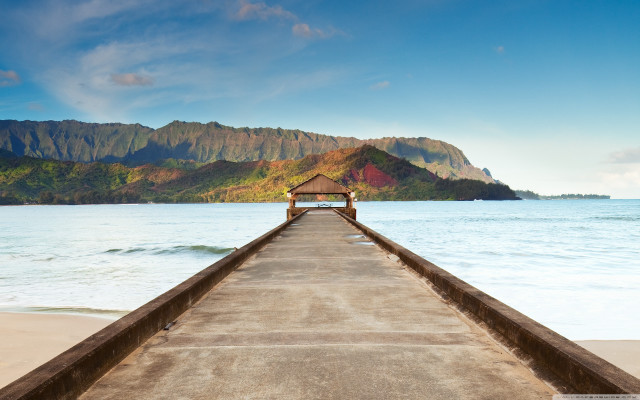 Pier bench water mountains background free wallpaper for desktop - medium preview image