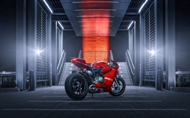 Red motorcycle parking garage staircase #2 free wallpaper for desktop - medium preview image