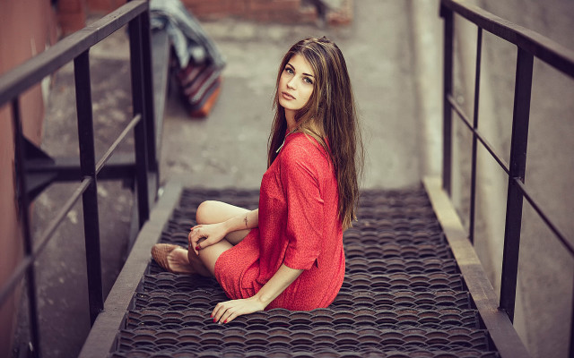 Woman reddress staircase serious portrait free wallpaper for desktop - medium preview image