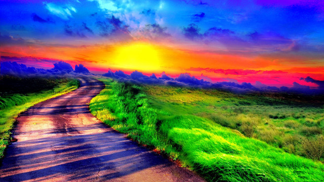Sunset road mountains grass clouds free wallpaper for desktop - medium preview image