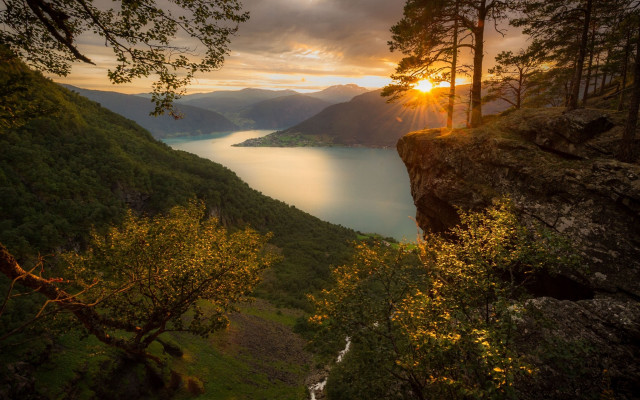 Sunset lake mountains waterfall forest free wallpaper for desktop - medium preview image