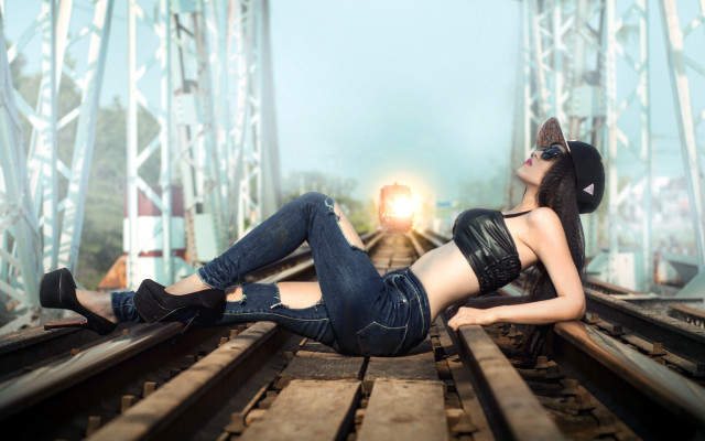 Traintrack woman crossedlegs hat denim free wallpaper for desktop - medium preview image