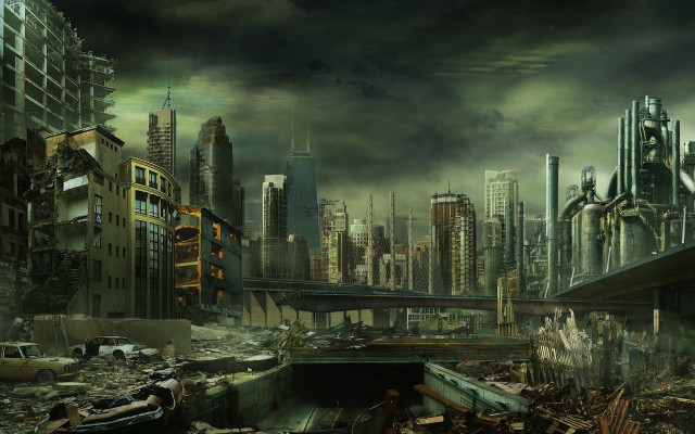 City ruins bridge skyscrapers debris free wallpaper for desktop - medium preview image