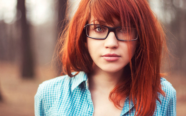 Woman redhair glasses forest serious free wallpaper for desktop - medium preview image