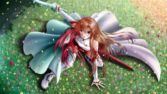Girl sword flower field confetti free wallpaper for desktop - medium preview image