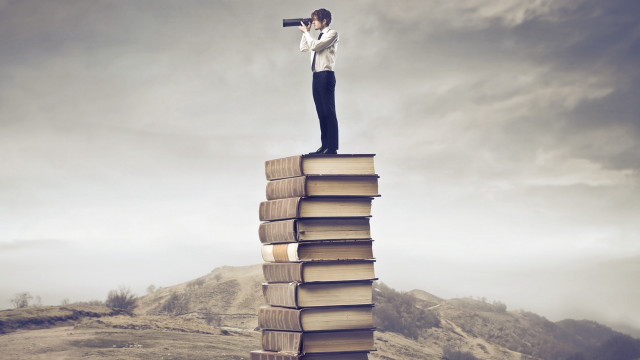 Man stack books telescope outdoors free wallpaper for desktop - medium preview image