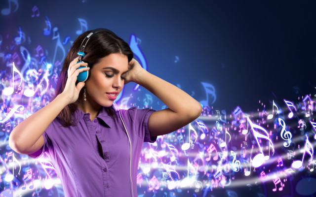 Woman headphones music notes glowing free wallpaper for desktop - medium preview image