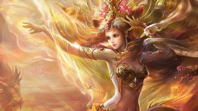 Woman dragon wings fire background free wallpaper for desktop - medium preview image